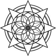 Intricate geometric mandala design with radiating star points and circular patterns in black and white outline