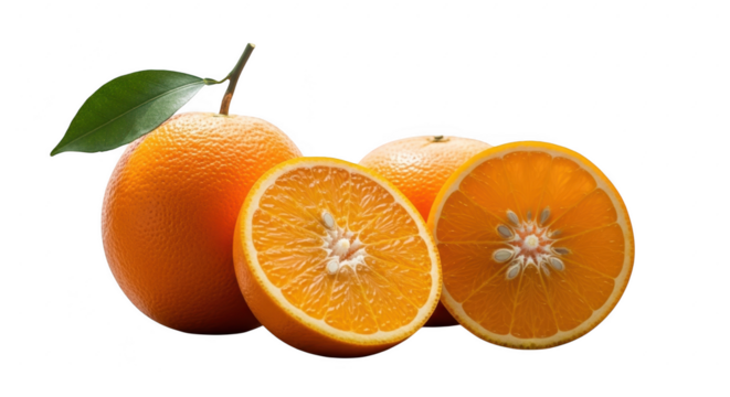 Fresh oranges one whole and two halved revealing juicy citrus interior illustration