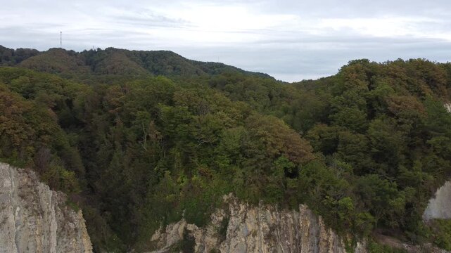 Drone footage descending over sea near Kiseleva Rock cliff covered with dense forest