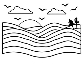 Minimalist line art sunset over rolling hills with birds and trees in a simple abstract landscape