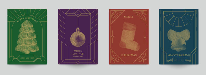Christmas background for card, banner, card, poster, invitation in luxury art deco style. Set templates for holiday event with festive elements tree, bell, sock, ball toy. Vector illustration.