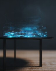 Futuristic Blue Hologram Data Projection Floating Above Dark Table