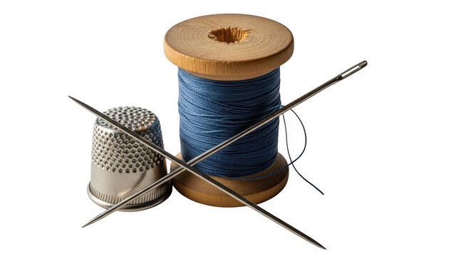 Vintage sewing thimble spool of blue thread and needles for crafting and hobbies illustration - Powered by Adobe