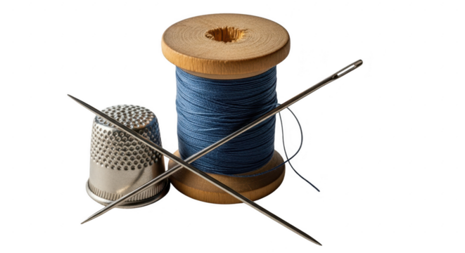 Vintage sewing thimble spool of blue thread and needles for crafting and hobbies illustration