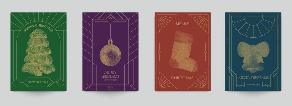 Christmas background for card, banner, card, poster, invitation in luxury art deco style. Set templates for holiday event with festive elements tree, bell, sock, ball toy. Vector illustration.