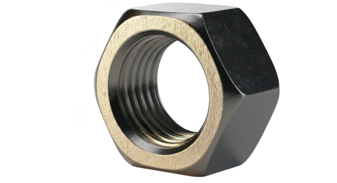 Hexagonal nut fastener with yellow zinc plating for secure assembly and industrial applications illustration