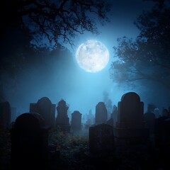 Eerie Graveyard Under Bright Full Moon and Mysterious Fog at Night