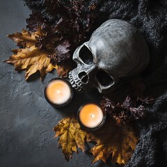 Dark gothic skull candles autumn leaves Halloween mood flat lay