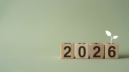 New beginnings and growth symbolized by the year 2026 with a sprouting plant on wooden blocks