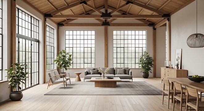 Spacious loft apartment with large windows and modern furniture.