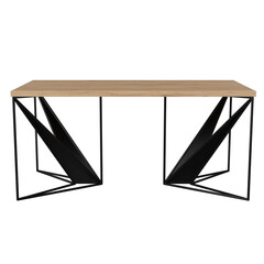 Contemporary dining table in loft style with black metal frame and wooden tabletop. Minimalist kitchen or dining room furniture on white background.