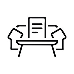 A black and white line drawing depicts a printer with a document The printer sits on a table with two armrest shapes on either side