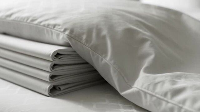 Neatly folded light colored bed sheets stacked with a soft pillow for home comfort and cleanliness