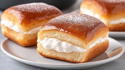 Deliciously sweet French cinnamon rolls topped with creamy frosting on a grey stone tabletop