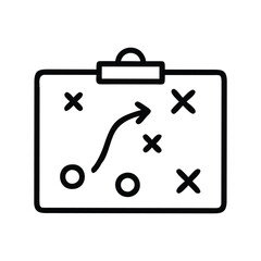 A black and white outline of a clipboard with symbols representing a sports play including circles Xs and an arrow