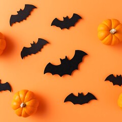 Halloween Background Flat Lay Composition Black Glitter Bats Pumpkins Orange Theme