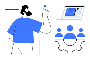 Person selecting option on screen, laptop with data display, and team integration symbol. Ideal for tech, teamwork, management, communication, digital solutions, education flat metaphor