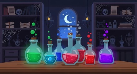 Magic Potions Glowing on a Table in a Sorcerers Laboratory.