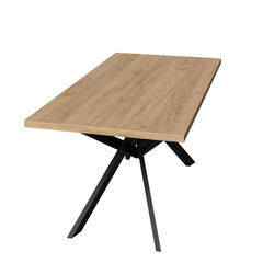 Contemporary dining table in loft style with black metal frame and wooden tabletop. Minimalist kitchen or dining room furniture on white background.