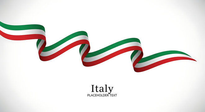 Waving italian flag ribbon flowing elegantly across a clean white background with text italy