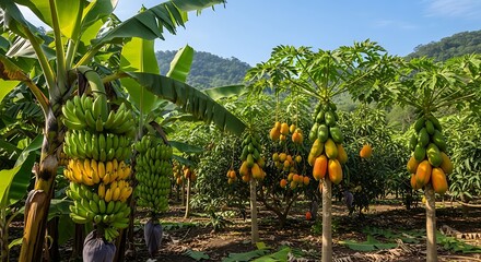 Lush Tropical Fruit Plantation with Ripe Bananas and Papayas Under a Clear Sky.