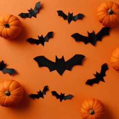 Black Bat Paper Cutouts and Orange Pumpkins on Spooky Halloween Background