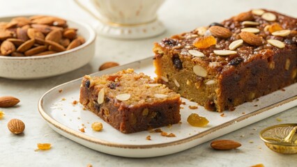 A Slice of Dry Fruit Halwa with Almond Topping Close Up