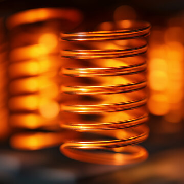 Macro shot of copper coil illuminated by warm light. Represents energy flow and precision. Perfect for power, technology, and abstract design visuals