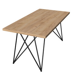 Contemporary dining table in loft style with black metal frame and wooden tabletop. Minimalist kitchen or dining room furniture on white background.