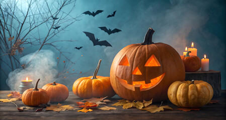 Spooky Halloween banner in a misty forest with an arrangement of glowing evil jack-o-lantern pumpkins and burning candles with dried leaves
