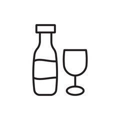 A bottle and a wine glass are sidebyside in this line drawing