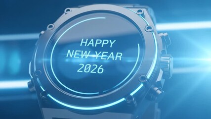 Futuristic Smartwatch Displaying Happy New Year 2026 Message on a Stylish Blue Background - Powered by Adobe