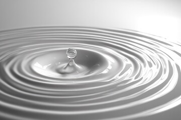 A clear water droplet perfectly rebounds from a smooth white liquid surface, creating elegant concentric ripples in a serene, minimalist composition.