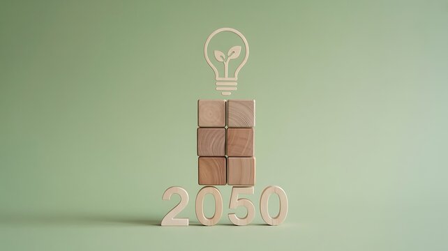 Sustainable Energy Target Wooden Blocks Forming 2050 with Bulb & Seedling on Green for Clean Future