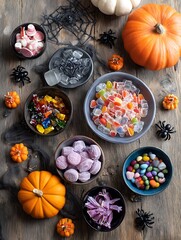 Colorful Halloween Candy Pumpkins and Spiders Flat Lay on Rustic Wood Table