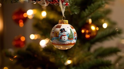 Christmas Baubles with Snowman. Christmas Decoration on the Christmas tree. Selective focus. Holiday. Christmas Baubles. Christmas. Merry Christmas Concept. New Year. Happy New Year Concept.