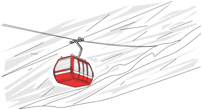 A red cable car on a snowy mountain. Winter ski resort transportation graphic. Minimalist line art drawing isolated on white background