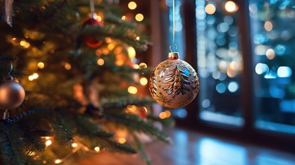 Close up of christmas ball on tree with bokeh background. Christmas Baubles. Christmas. Merry Christmas Concept. Happy New Year Concept.