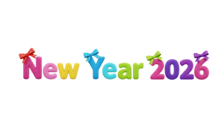 Colorful new year 2026 text with bows isolated on transparent background