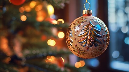 Close up of christmas ball on tree with bokeh background. Christmas Baubles. Christmas. Merry Christmas Concept. Happy New Year Concept.