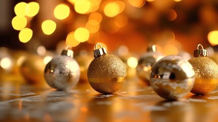 Golden Christmas baubles on bokeh background, closeup. Christmas Baubles. Christmas. Merry Christmas Concept. Happy New Year Concept.