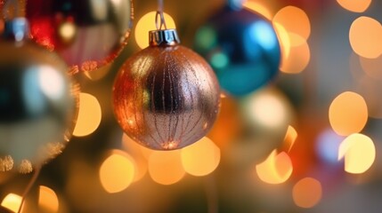 Colorful christmas ornaments on bokeh background. Christmas Baubles. Christmas. Merry Christmas Concept. Happy New Year Concept.