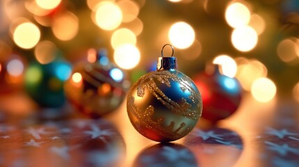 Golden Christmas baubles on bokeh background, closeup. Christmas Baubles. Christmas. Merry Christmas Concept. Happy New Year Concept.