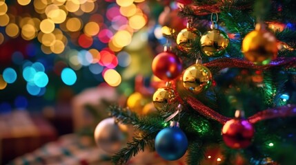 Christmas tree and gifts on the background of the Christmas tree. New Year. Christmas Baubles. Christmas. Merry Christmas Concept. Happy New Year Concept.