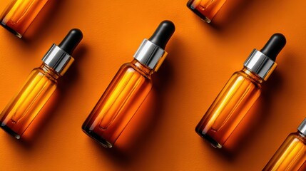 Elegant amber glass droppers arranged creatively on a vibrant orange background showcasing skincare products