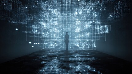 Silhouette In Neon Digital Grid Tunnel Futuristic Data Space And Technology Concept