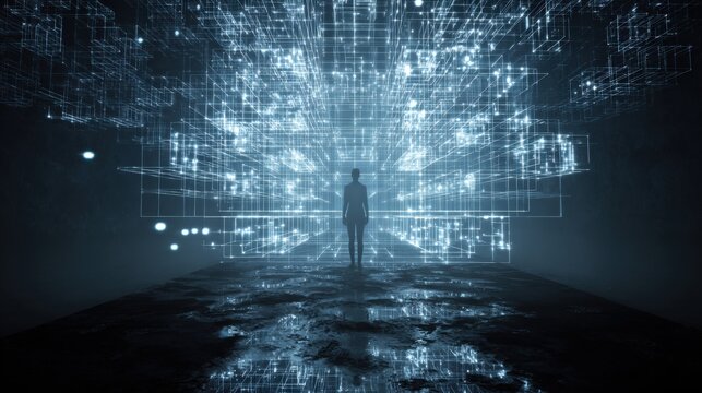 Silhouette In Neon Digital Grid Tunnel Futuristic Data Space And Technology Concept