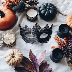 Elegant Black Masquerade Mask Surrounded by Moody Fall Pumpkins and Candles