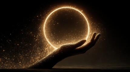 Hands hold a glowing circle of light surrounded by sparkling particles in a dark setting