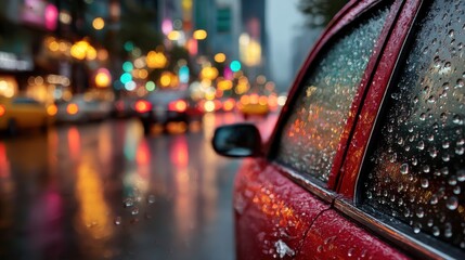 Rainy night scene with a red car reflecting city lights and raindrops on the window